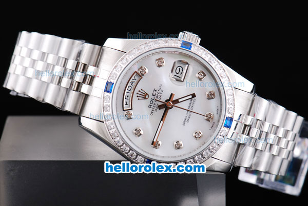 Rolex Day-Date Oyster Perpetual Automatic with Diamond Bezel,White MOP Dial and Diamond Marking-Big Calendar - Click Image to Close